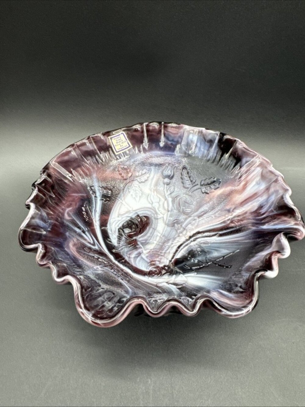 VTG Imperial Slag Amethyst Purple Rose Floral Embossed Footed Ruffle Bowl NOS